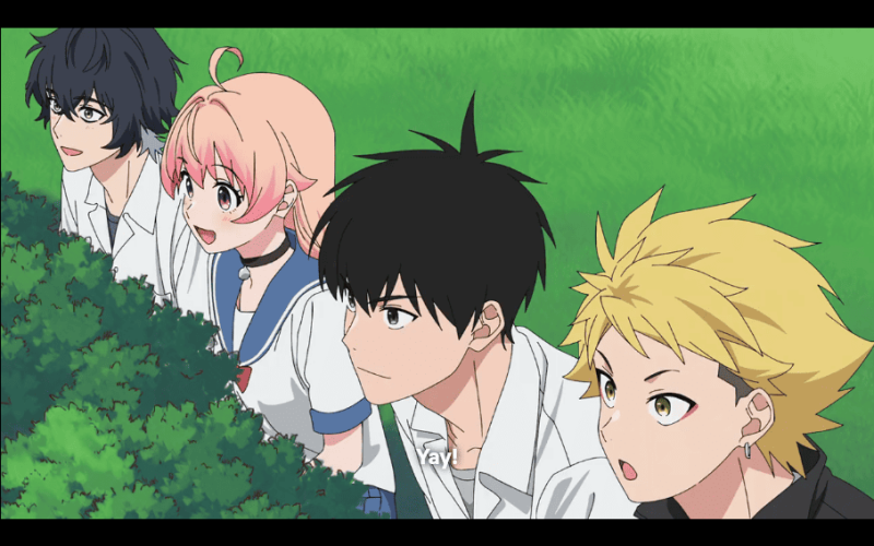 Witch Watch Episode 9, Nico and her friends hide behind bushes