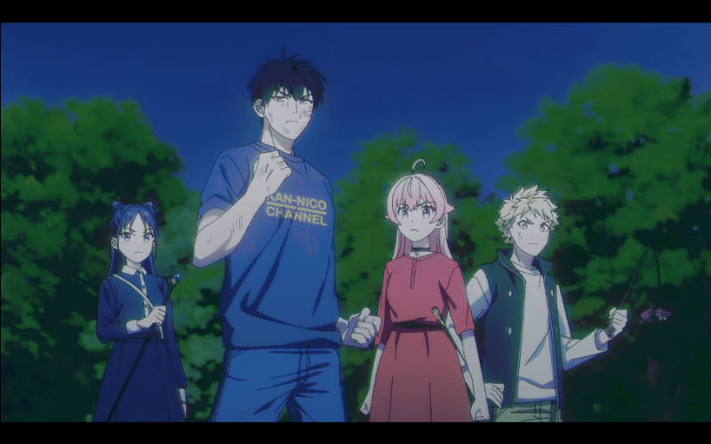 Witch Watch Episode 12 Morihito, Nico, Kanshi, and Nemu stand together