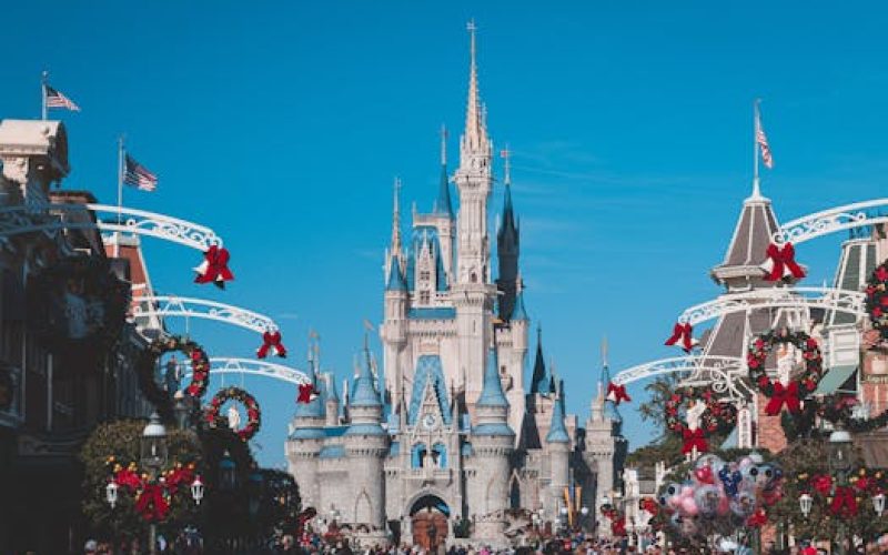 Cinderella Castle at Disney World's Magic Kingdom adorned for holiday festivities, Orlando, Florida.